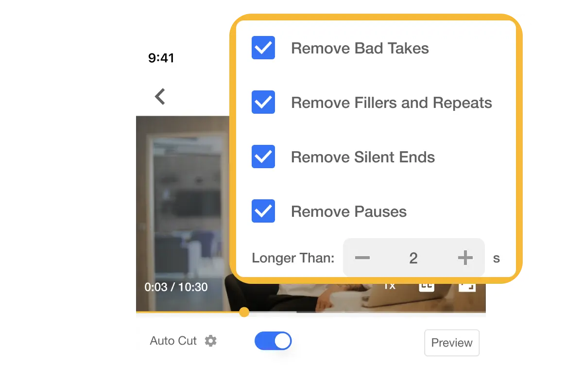 Mobile video editing app interface showing AI tools to remove bad takes, silent ends, and pauses from videos.